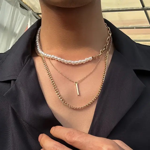 Collar con Colgante Geométrico Antiguo para Hombre con Cadena de Medias Perlas